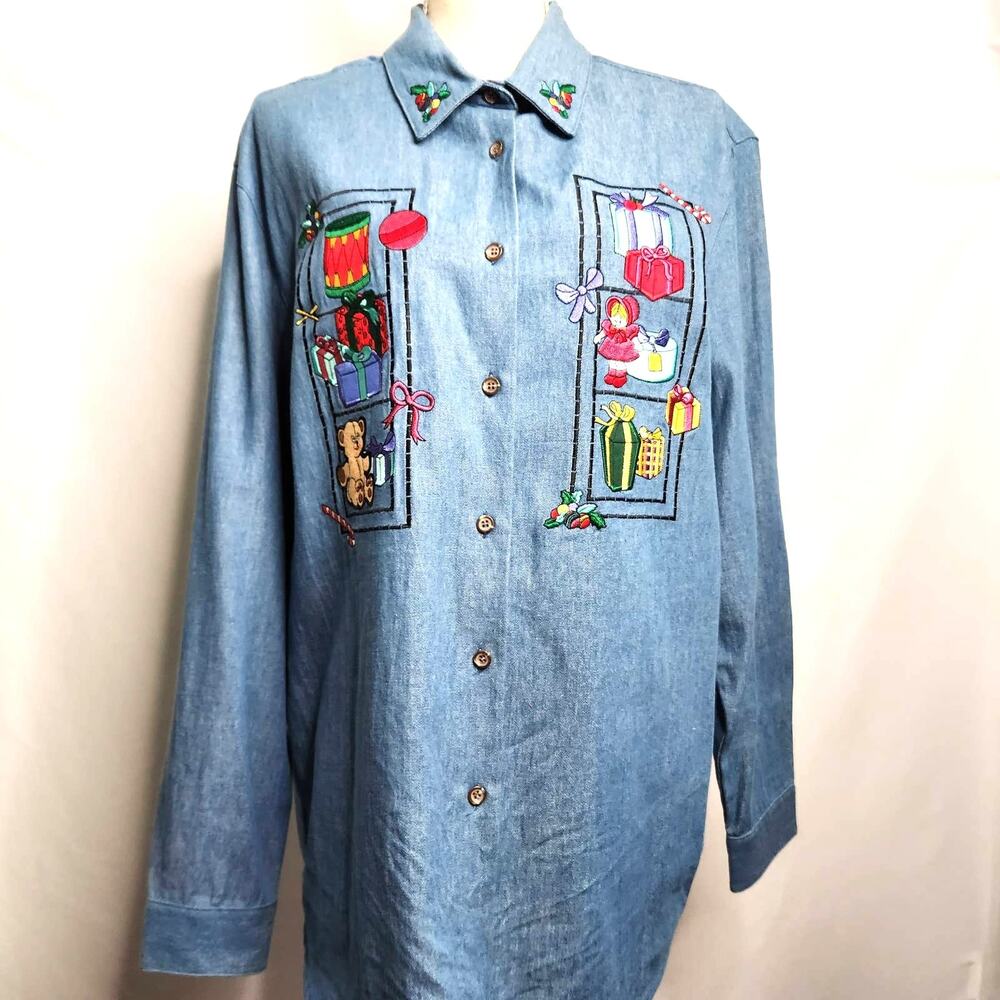 Karen Scott Holiday Top Size L Embroidered Front & Collar Denim Button Up NEW